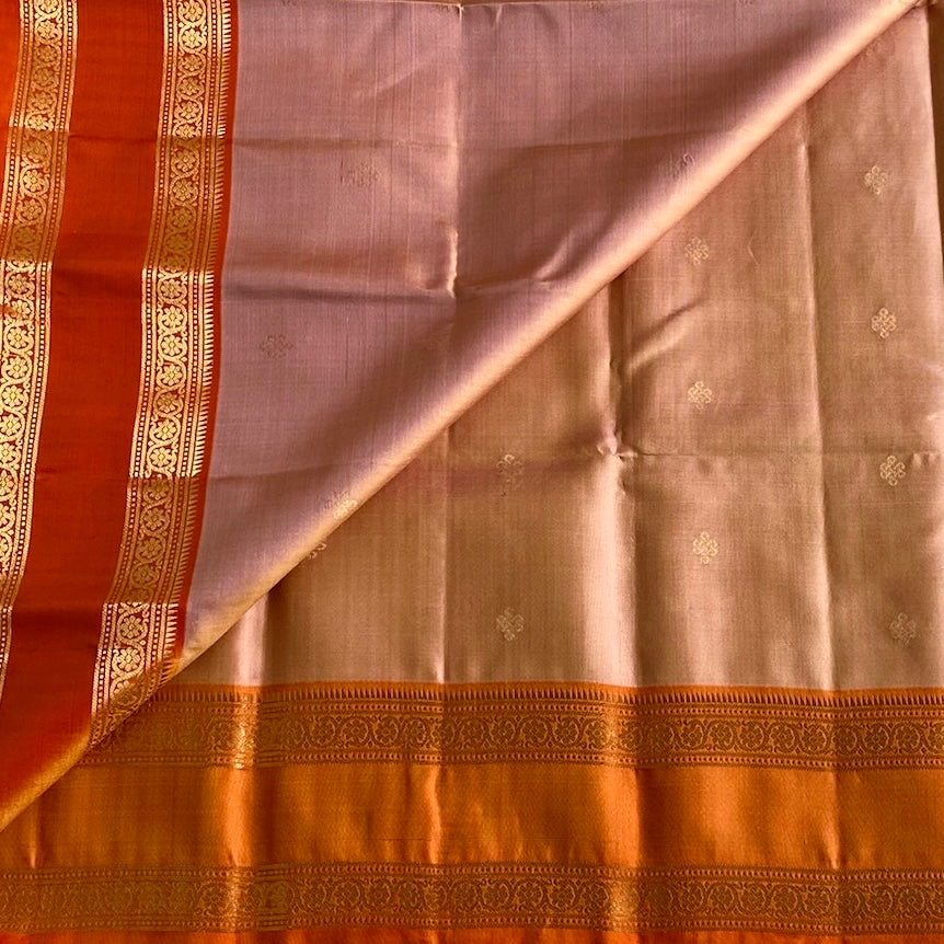 Blush Beige Peach Designer Pure Silk With Tangerine Orange Pallu