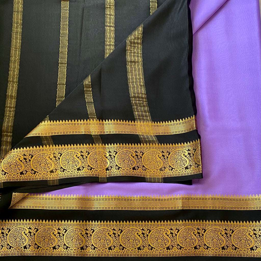 Elegant Orchid Purple Saree With Gold Paisley Border Black Contrast