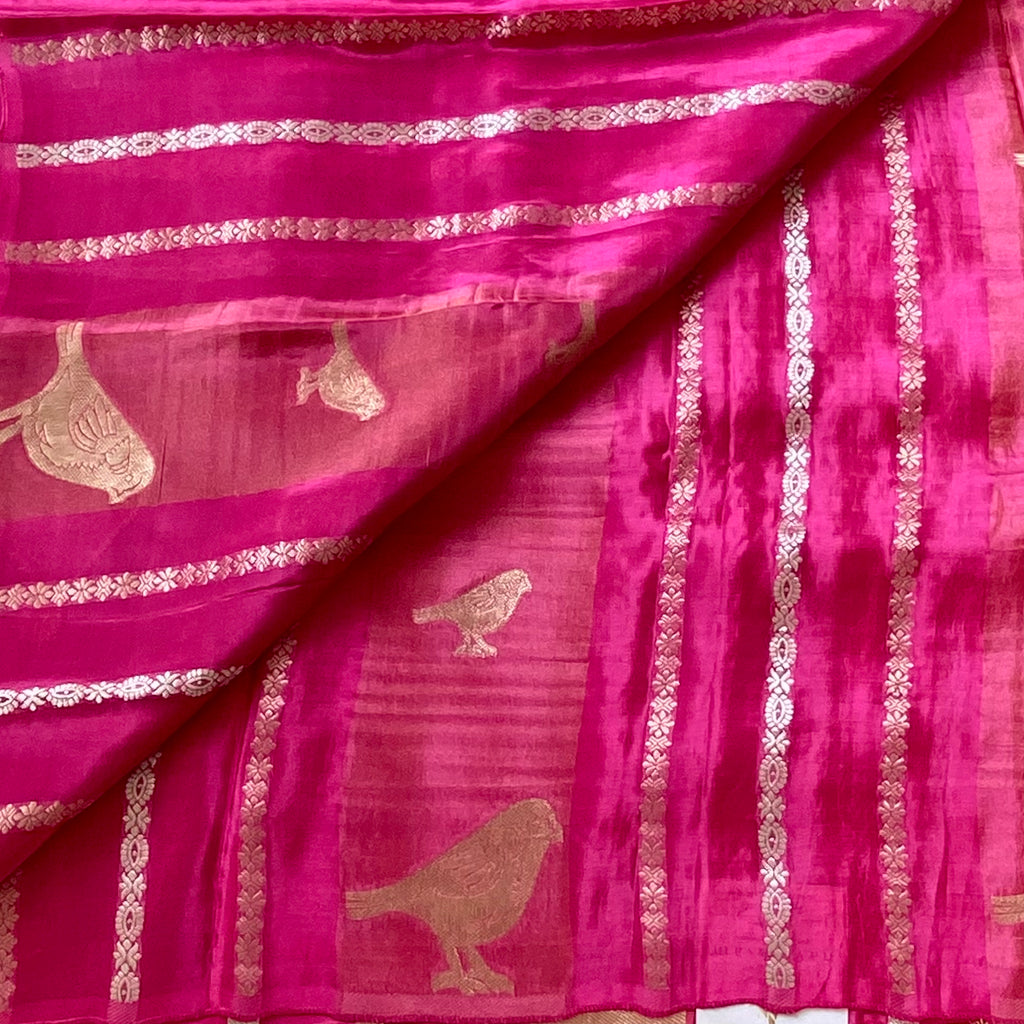 Vibrant pink with deep magenta soft crepe with quirky bird buttas