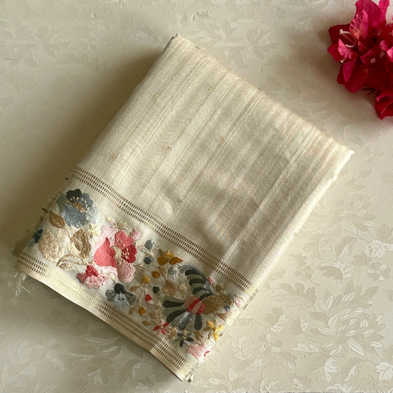 Pearl White Soft Tussar Silk Saree With Dusty Pink Floral Border