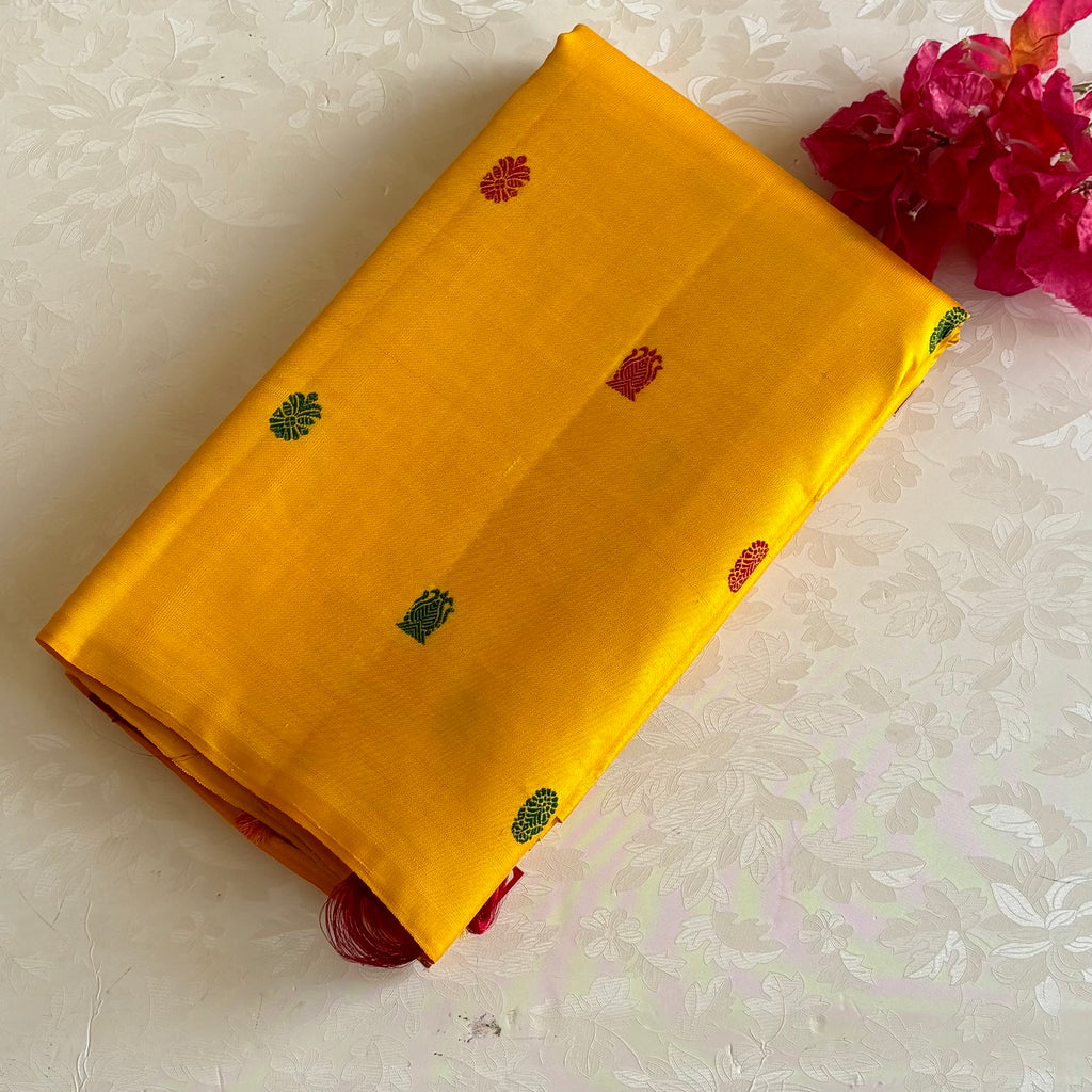 Golden Yellow Kanjeevaram Pure Zari Silk Saree With Deep Reddish Maroon Pallu