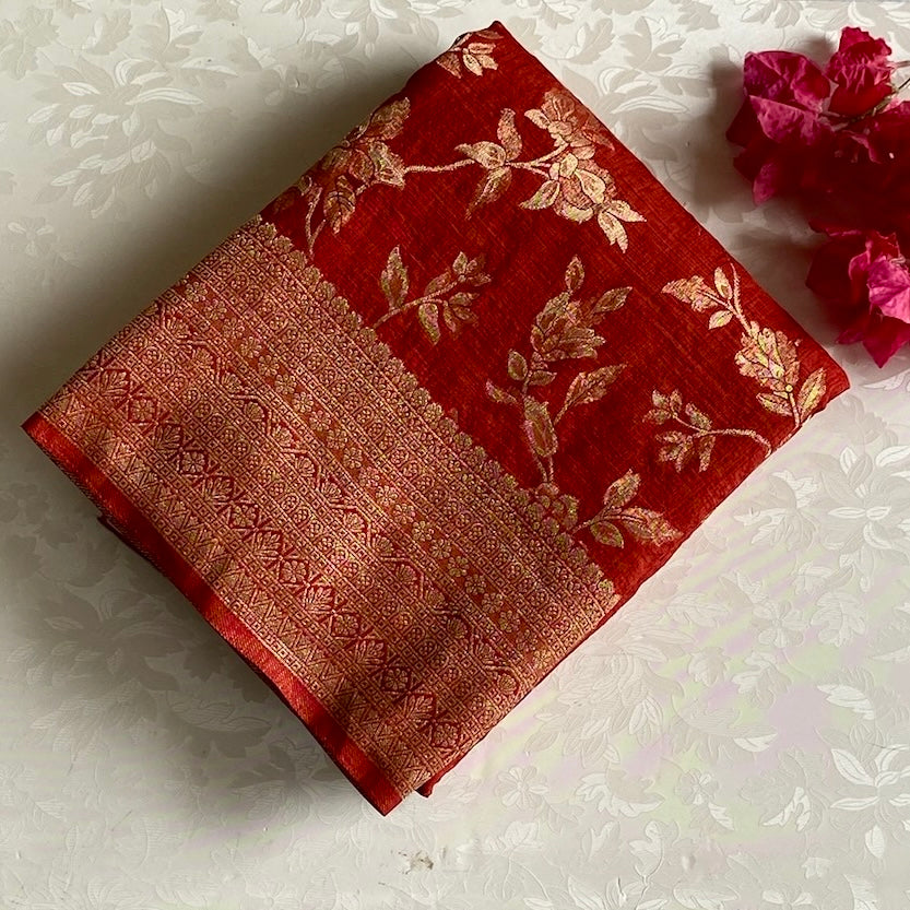 Venetian Rust Red Soft Tussar Silk Saree With Antique Gold Pallu