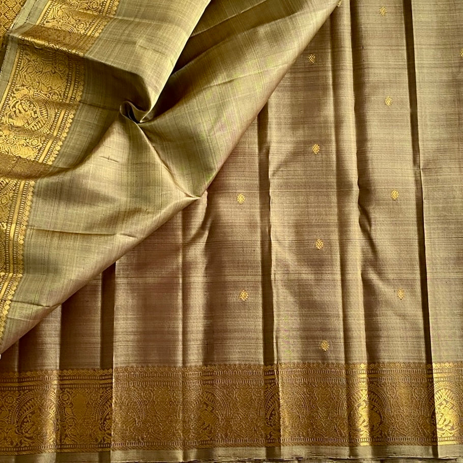 Sage Green Mix Beige Kanjeevaram Pure Zari Silk Saree With Metallic Gold Pallu