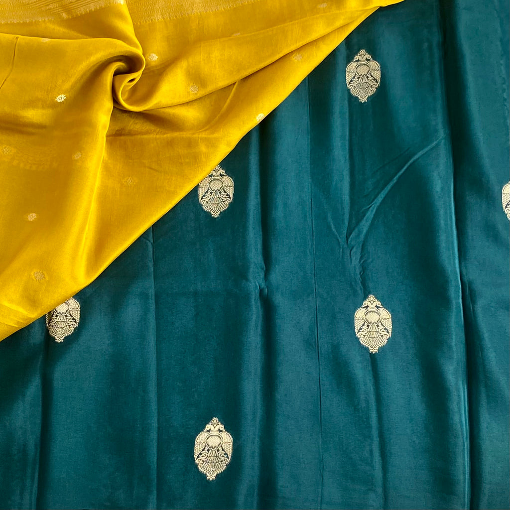 Teal Blue Soft Crepe Silk Saree With Antique Brocade Pallu