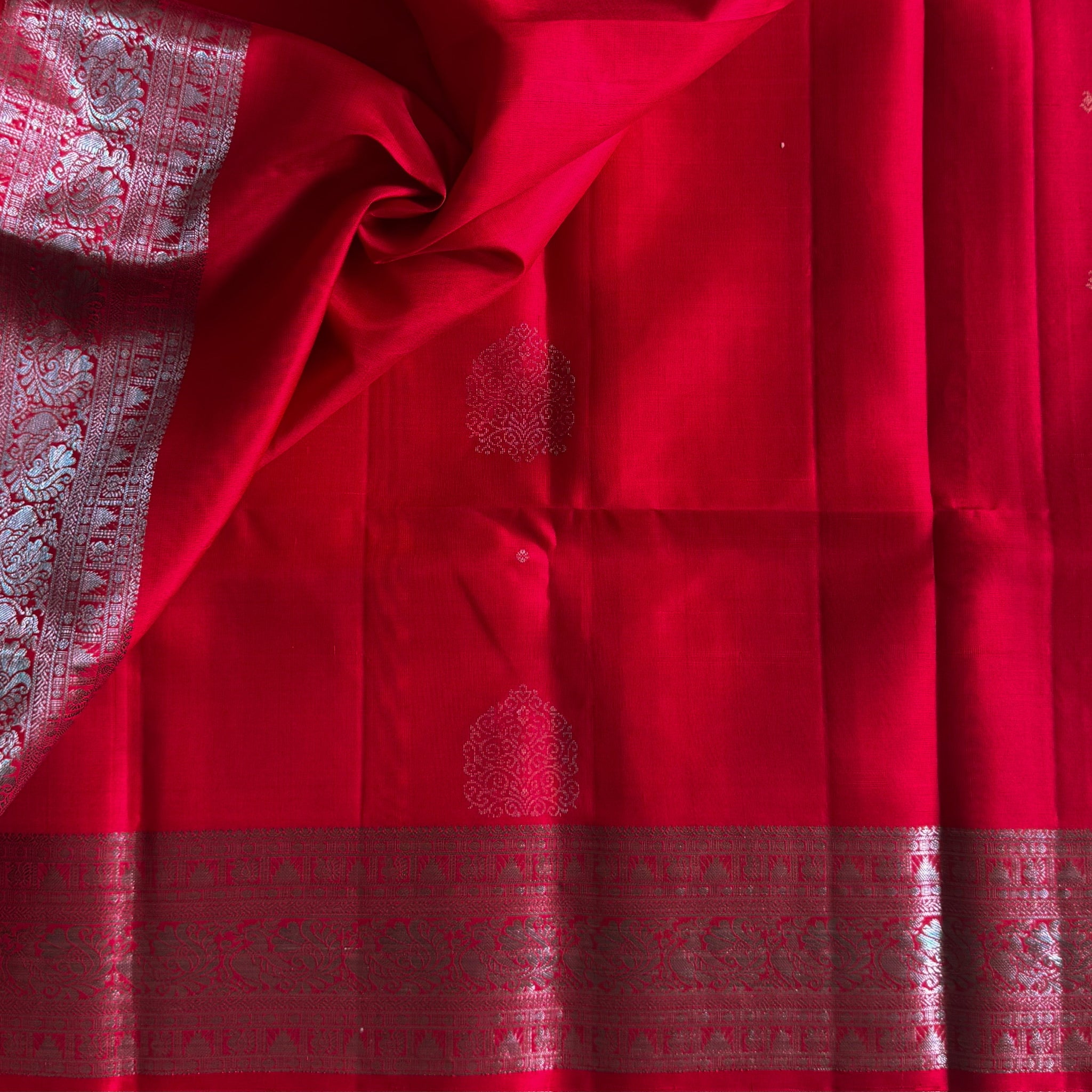 Crimson Silk Saree With Silver Zari Border And Petal Pallu