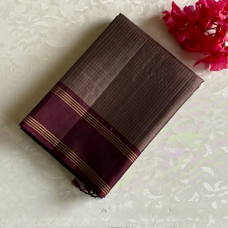Dusty Mauve Designer Pure Silk Saree With Deep Maroon Pallu