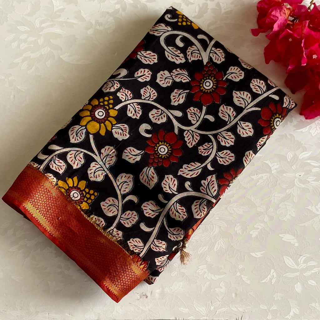 Kalamkari Designer Cotton Silk Saree With Antique Ivory Pallu