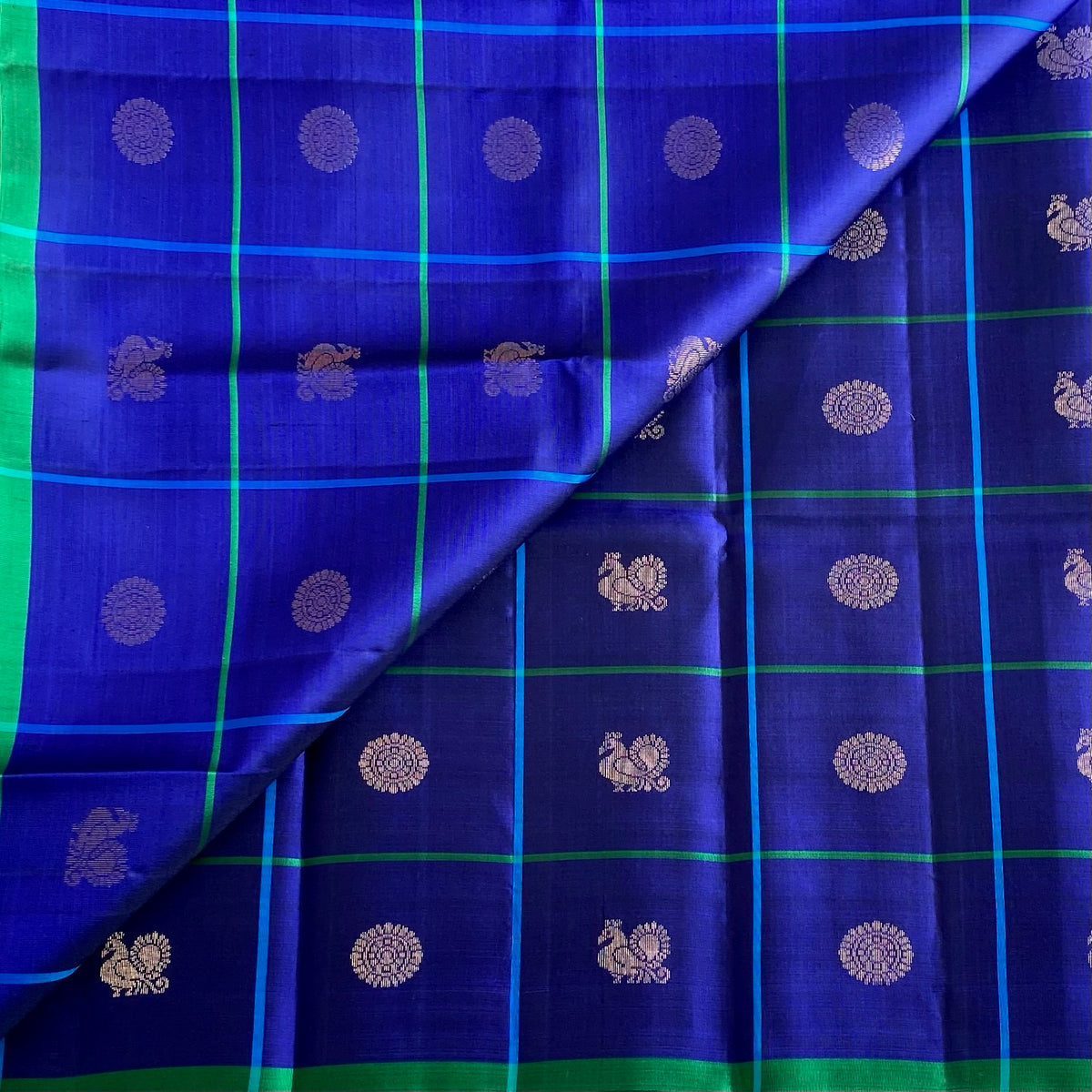 Royal Blue Checkered Designer Pure Silk Saree With Turquoise Pallu