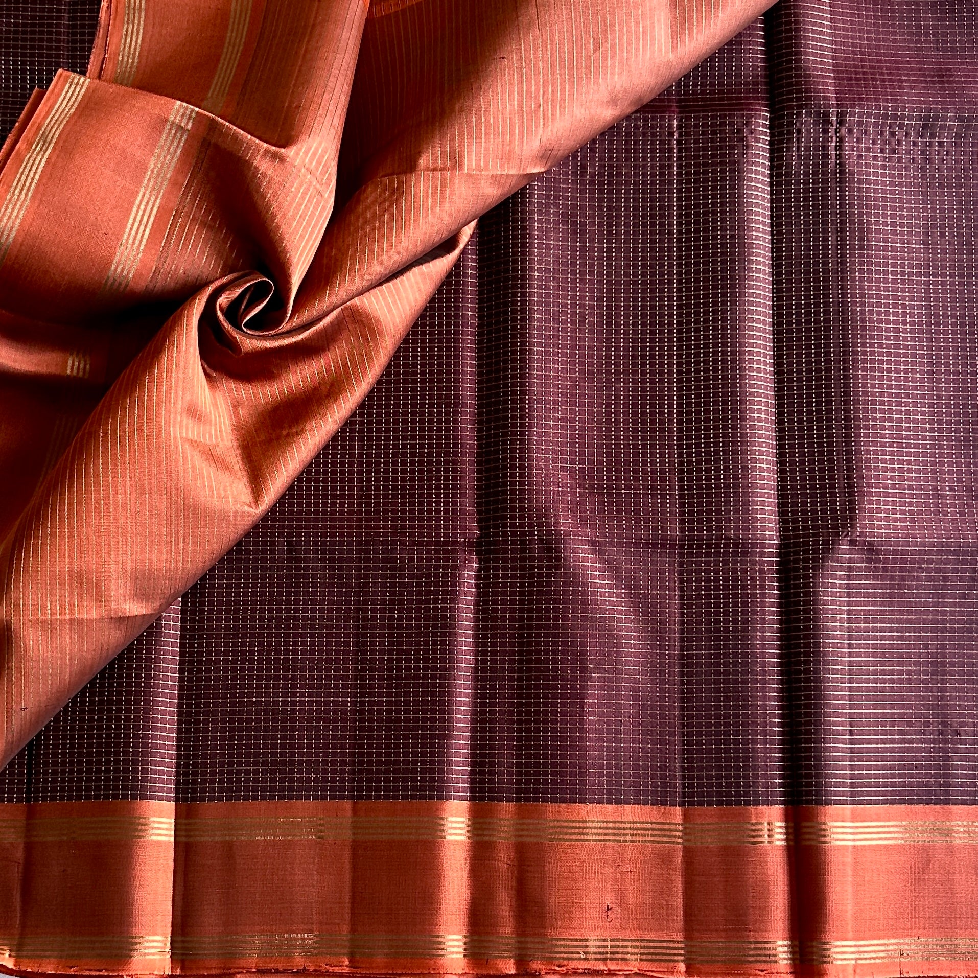 Plum Rust Orange Zari Border Saree Traditional Festive Woven