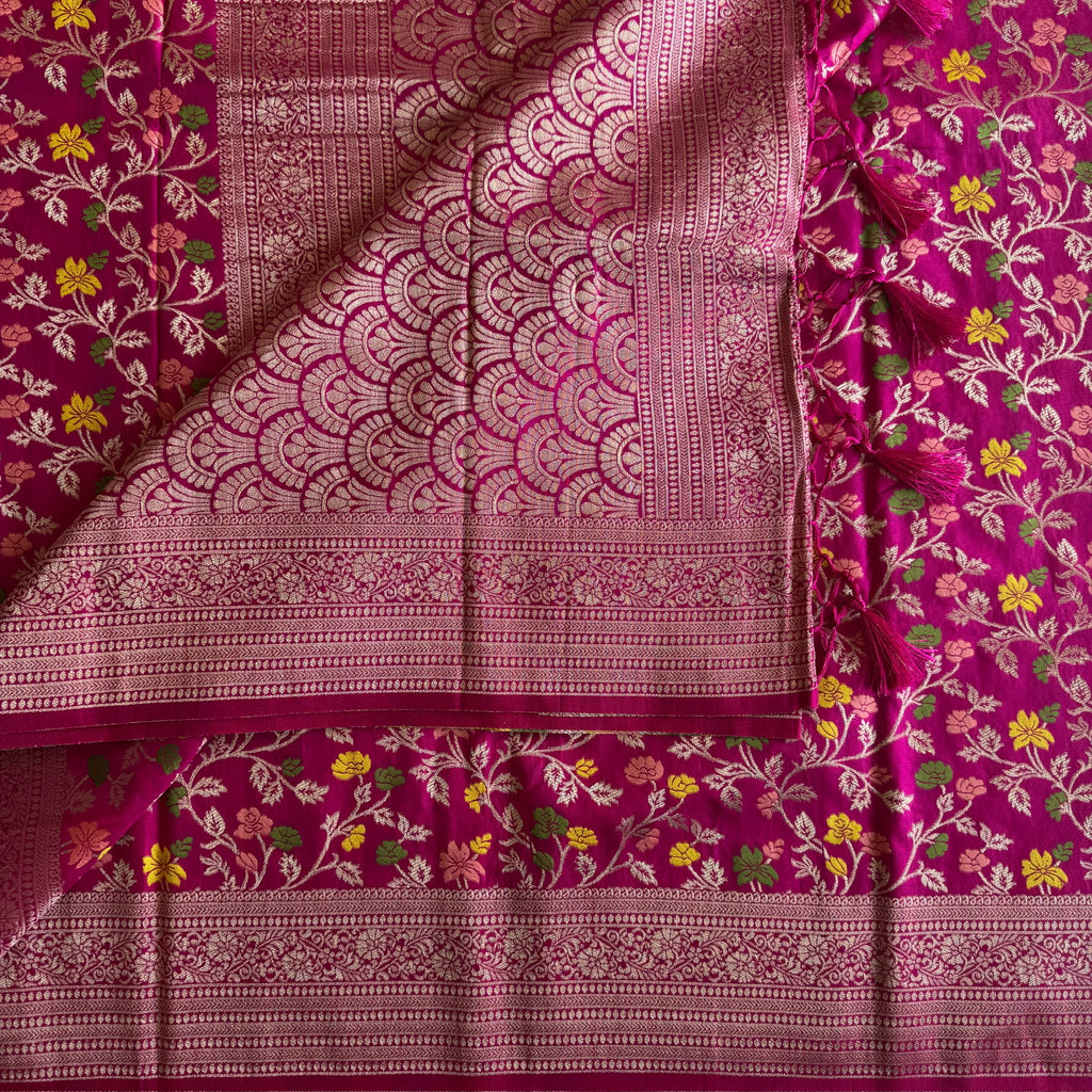 Fuchsia Gold Brocade Floral Saree Rich Woven Pallu Tassels Traditional
