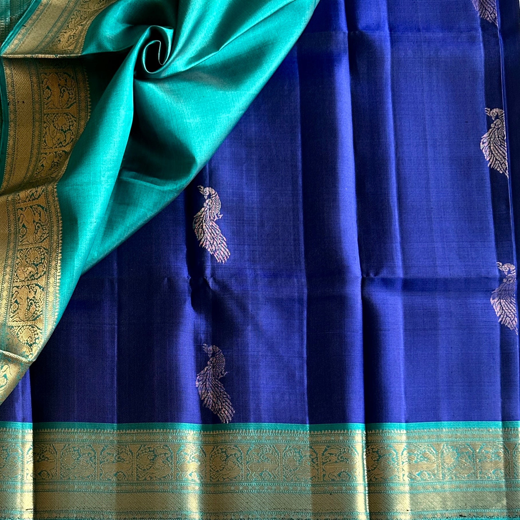Teal Royal Blue Zari Woven Saree Floral Border Traditional Wedding