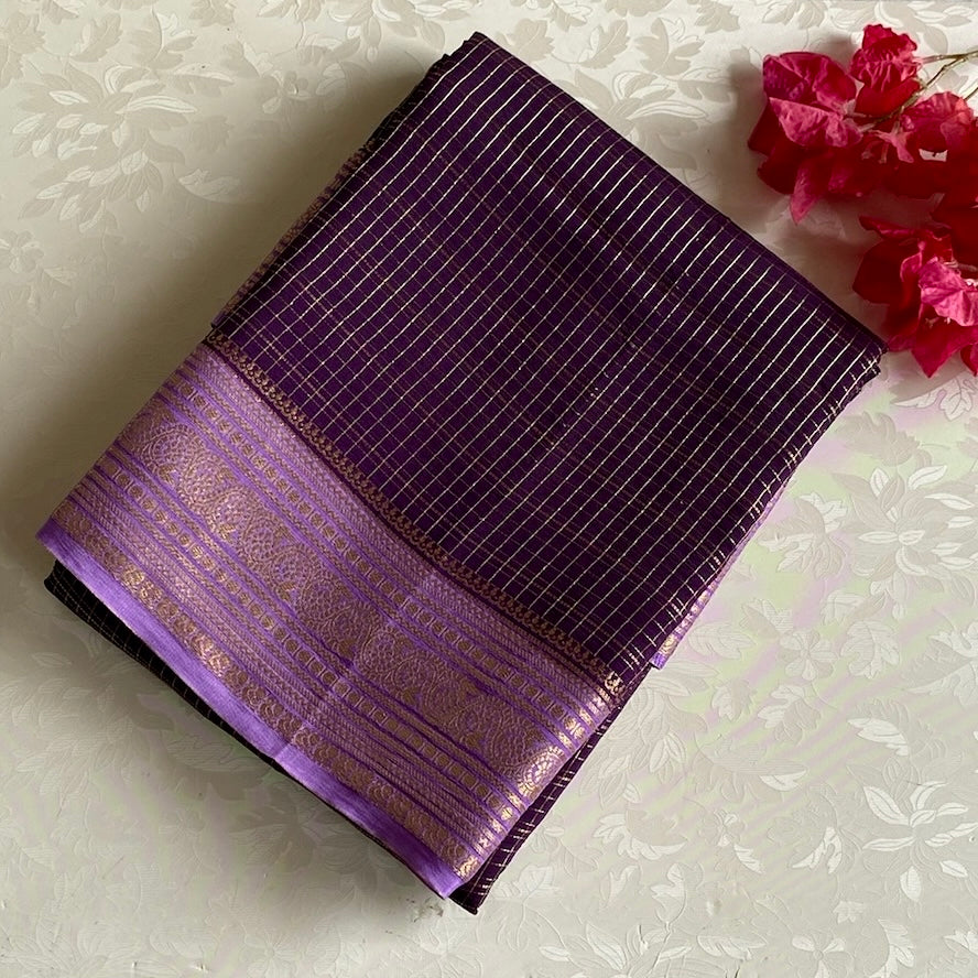 Deep Purple Soft Tussar Silk Saree With Lilac Pallu And Gold Border