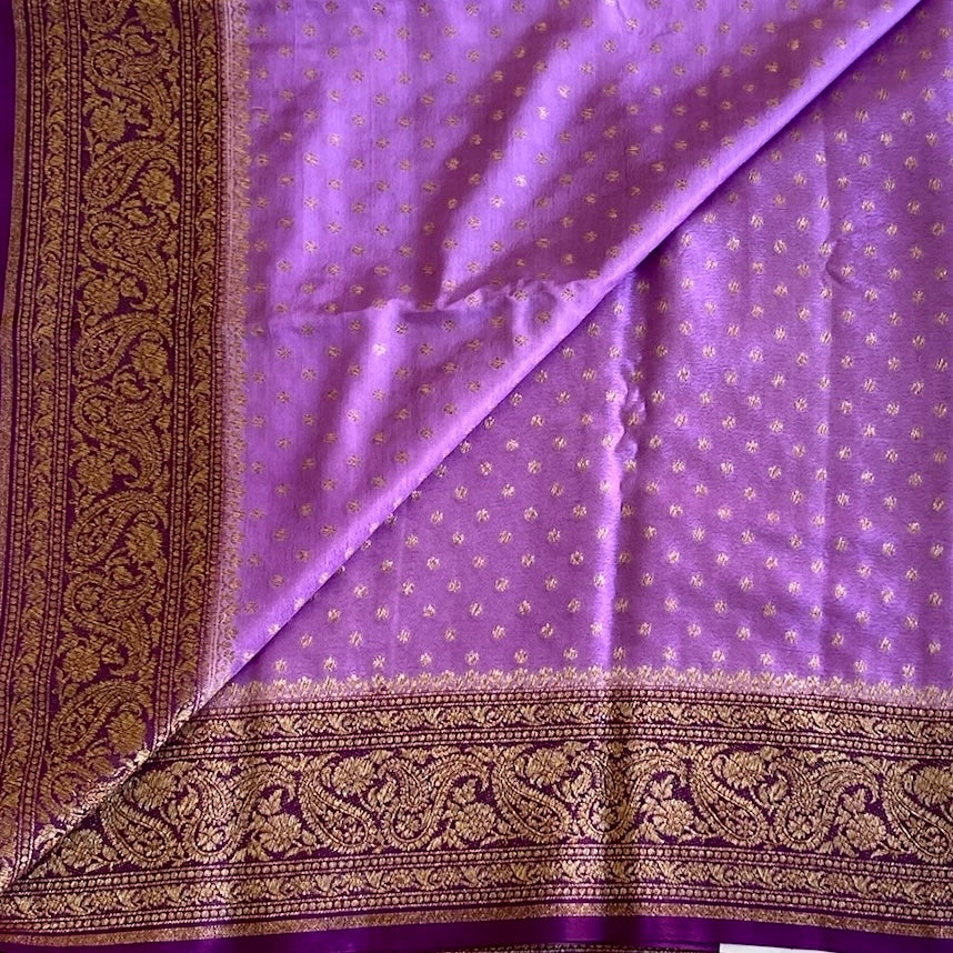Metallic Lavender with Purple Banarasi Crepe Silk Saree With Antique Gold Pallu