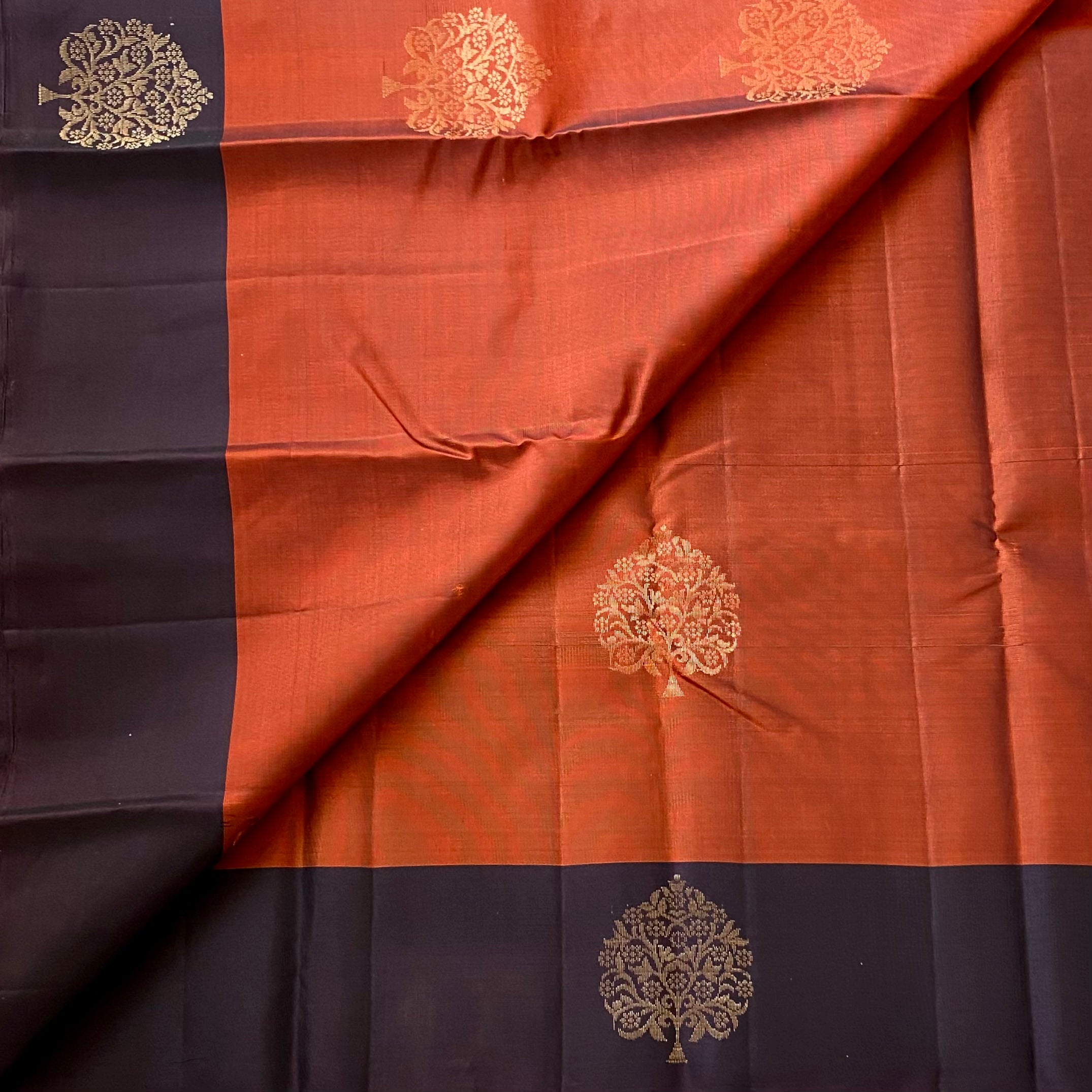 Deep Indigo Rust Orange Silk Saree Antique Gold Zari Border