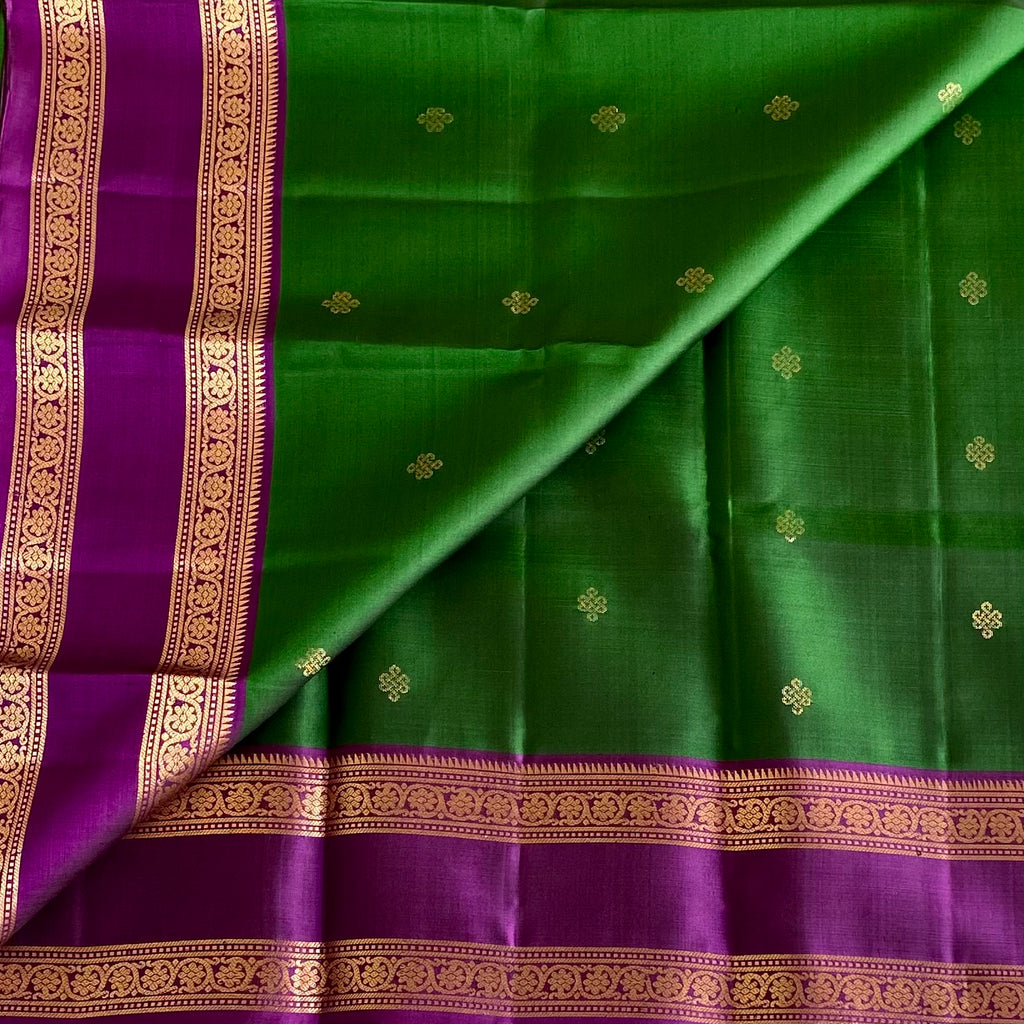 Bottle Green Kanchi Pure Silk With Royal Purple Pallu & Double Zari Borders