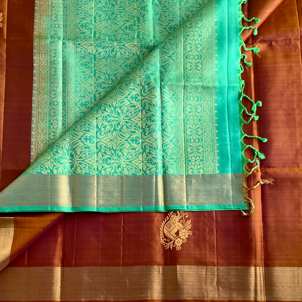 Rare Rust Designer Pure Silk Saree With Turquoise Green Pallu Gold Buta