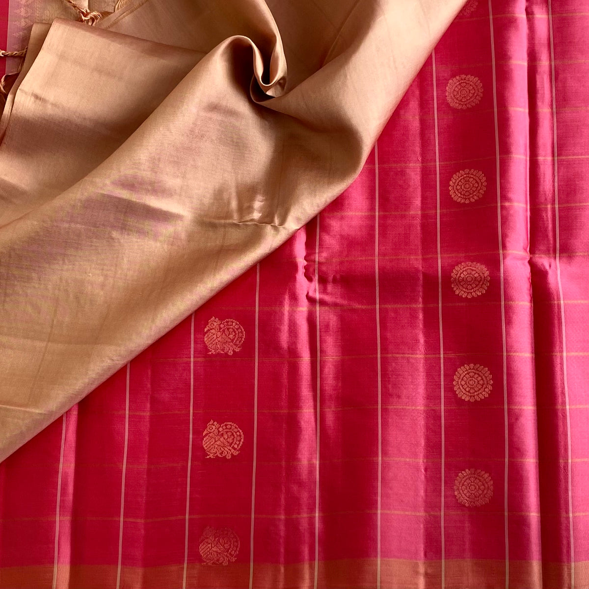 Sorbet Pink Checketed Designer Pure Silk With Peach Gold Pallu