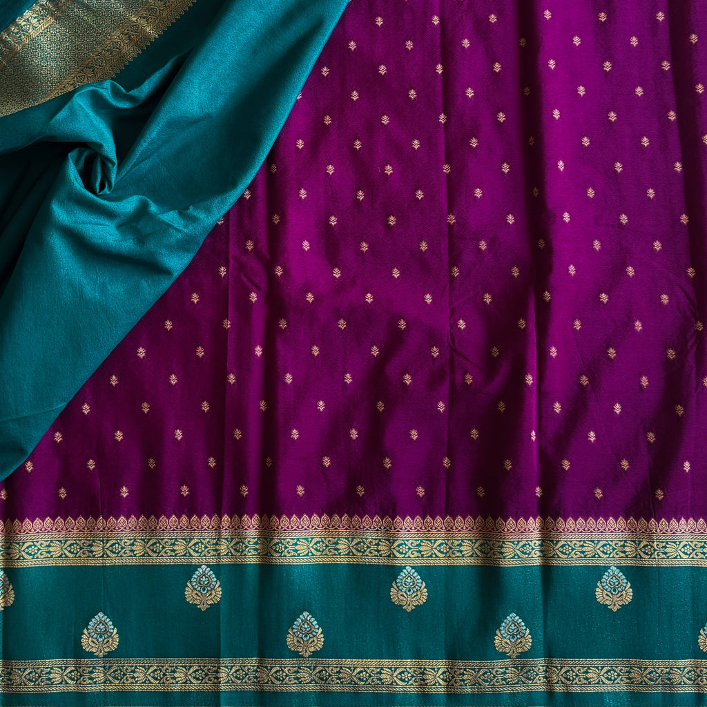 Magenta Teal Silk Saree Gold Zari Buti Woven Pallu Border