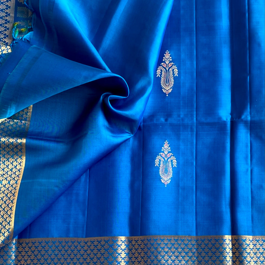 Peacock Teal Blue Designer Pure Silk Saree With Antique Gold Zari
