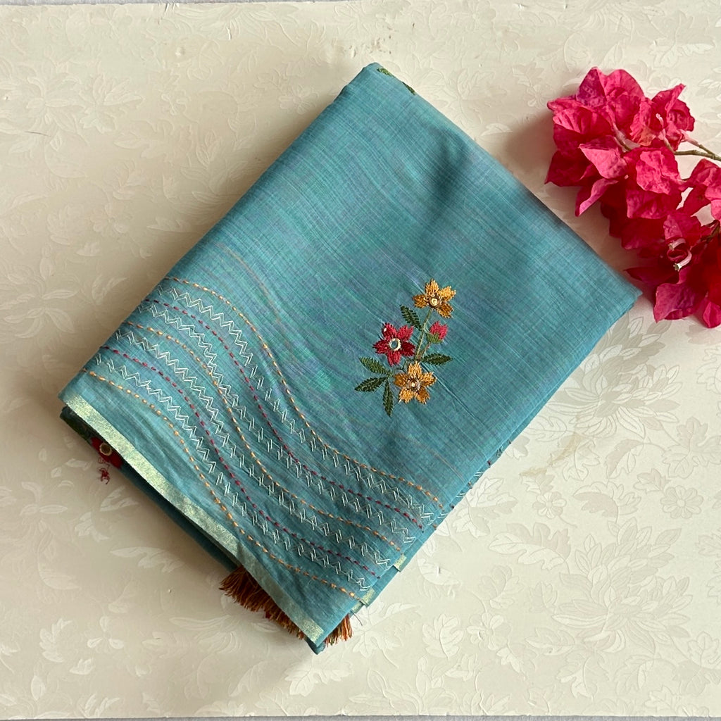 Turquoise Floral Embroidered Saree with Wavy Zari Pallu Tassels Lightweight