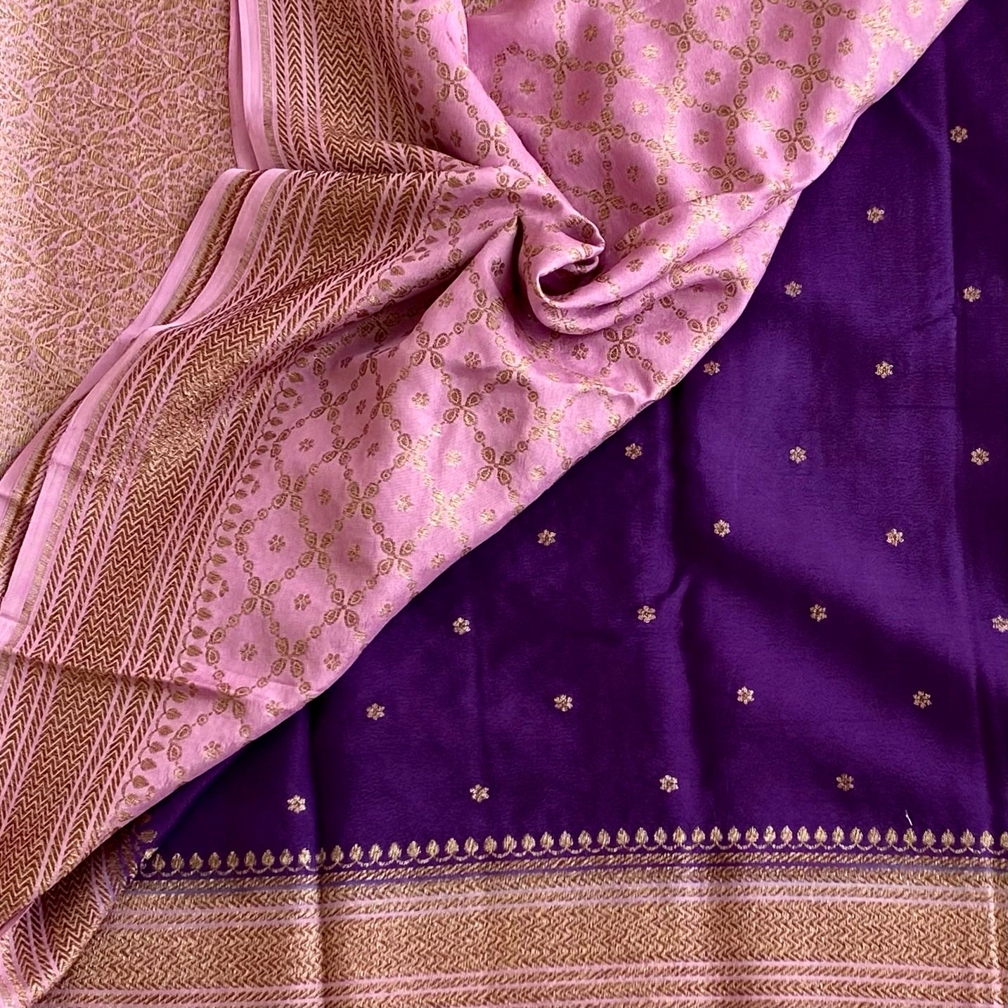 Banarasi Crepe Silk Royal Purple With Blush Pink Pallu And Gold Zari