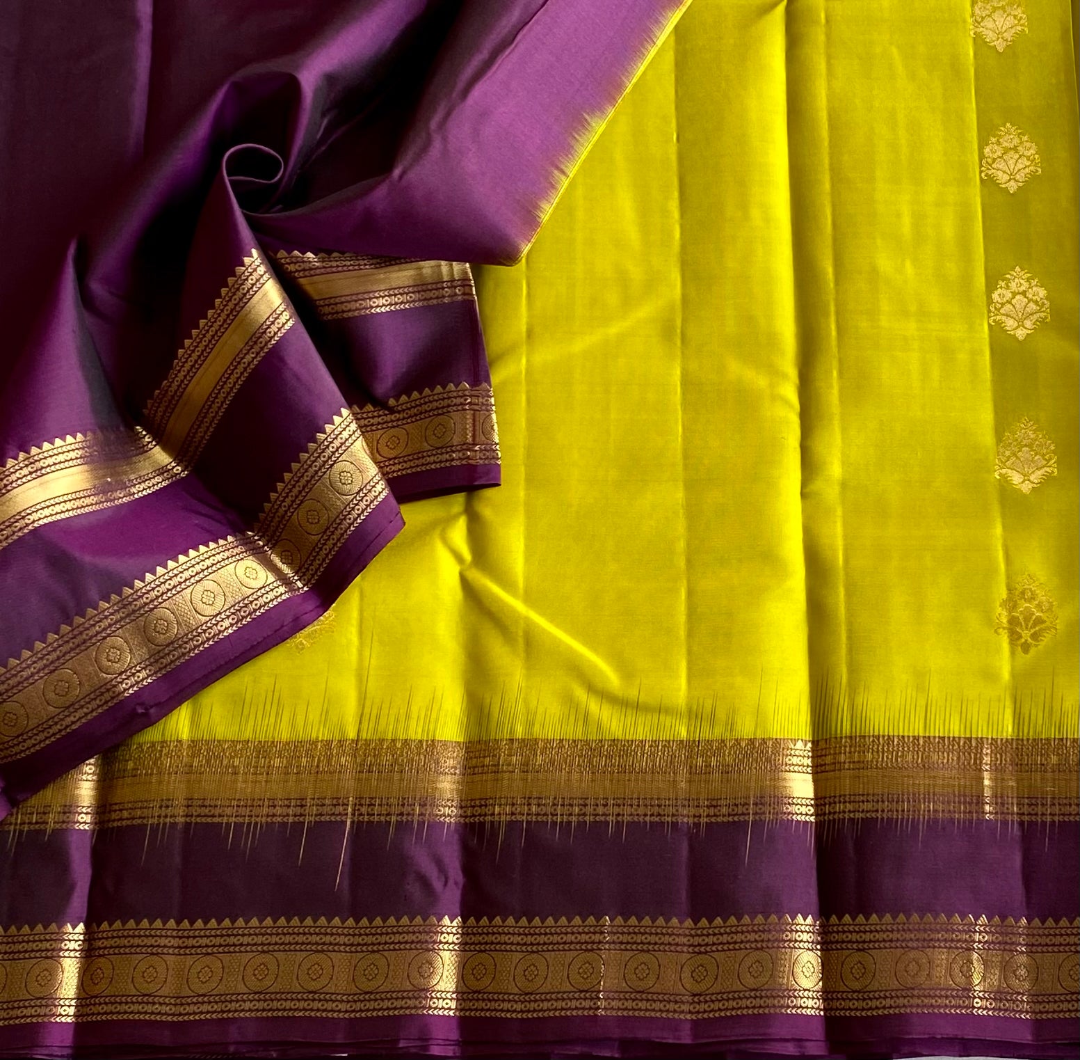 Lime Yellow Silk Saree Plum Purple Gold Woven Border Elegant