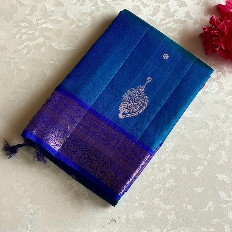 Rich Peacock Blue Designer Pure Silk Saree With Royal Blue Pallu