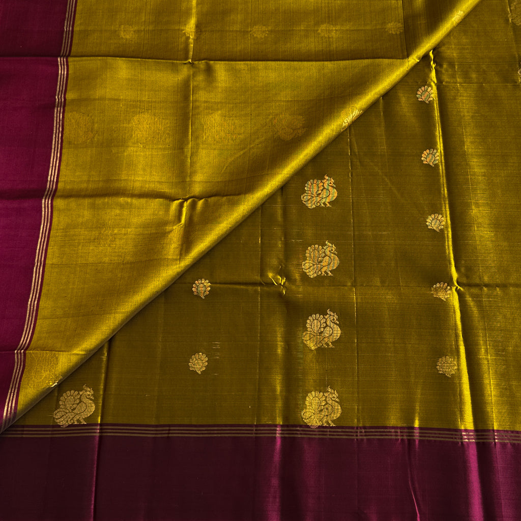 Chartreuse Silk Saree with Magenta Zari Pallu and Floral Border