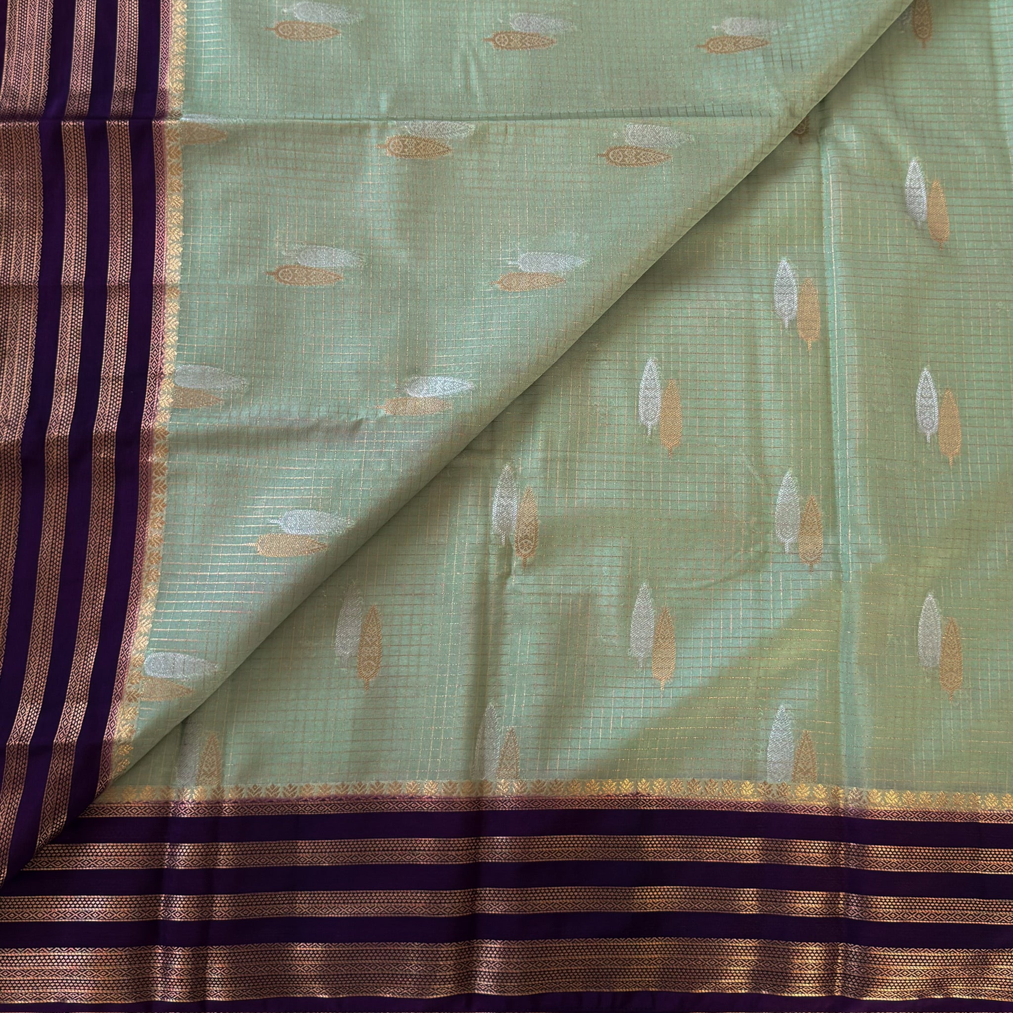 Pistachio Green Silk Saree Royal Purple Brocade Pallu Gold Border