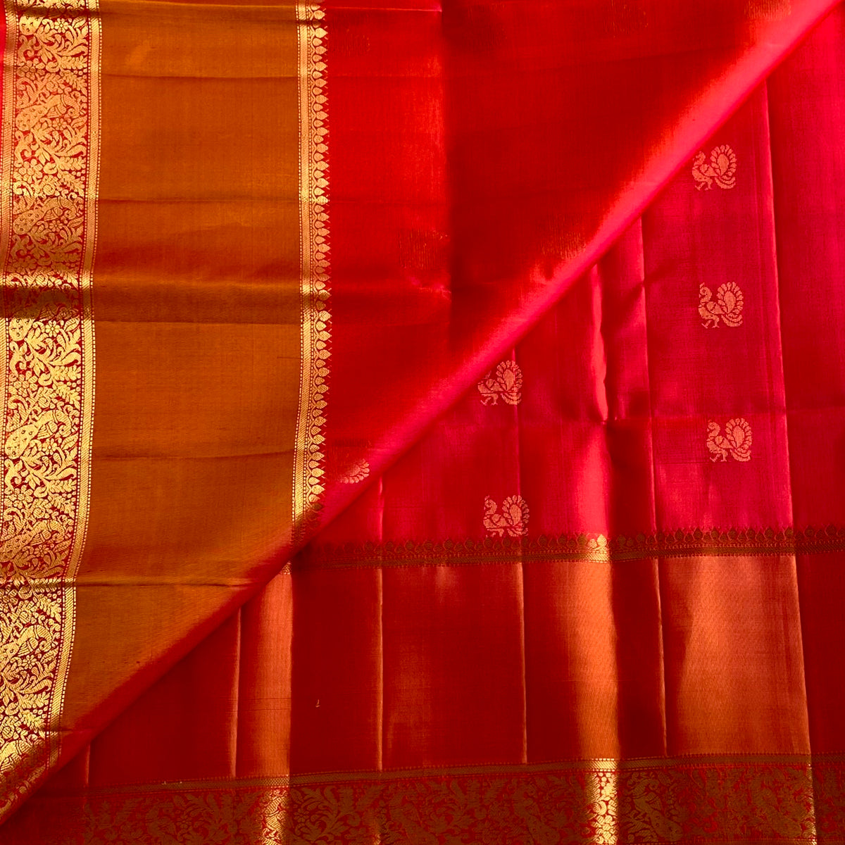 Crimson Red With Copper Orange Designer Pure Silk With Zari Woven Pallu