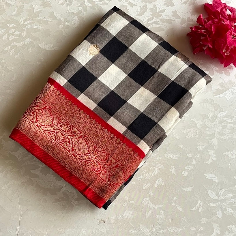 Charcoal Gray And Black Soft Tussar Silk Saree With Red Pallu