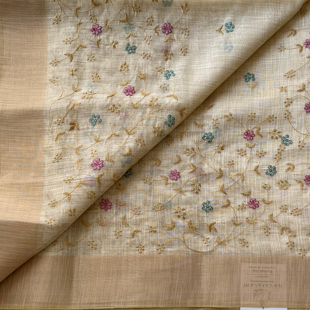 Pale Ivory Floral Embroidered Saree With Beige Zari Border Elegant