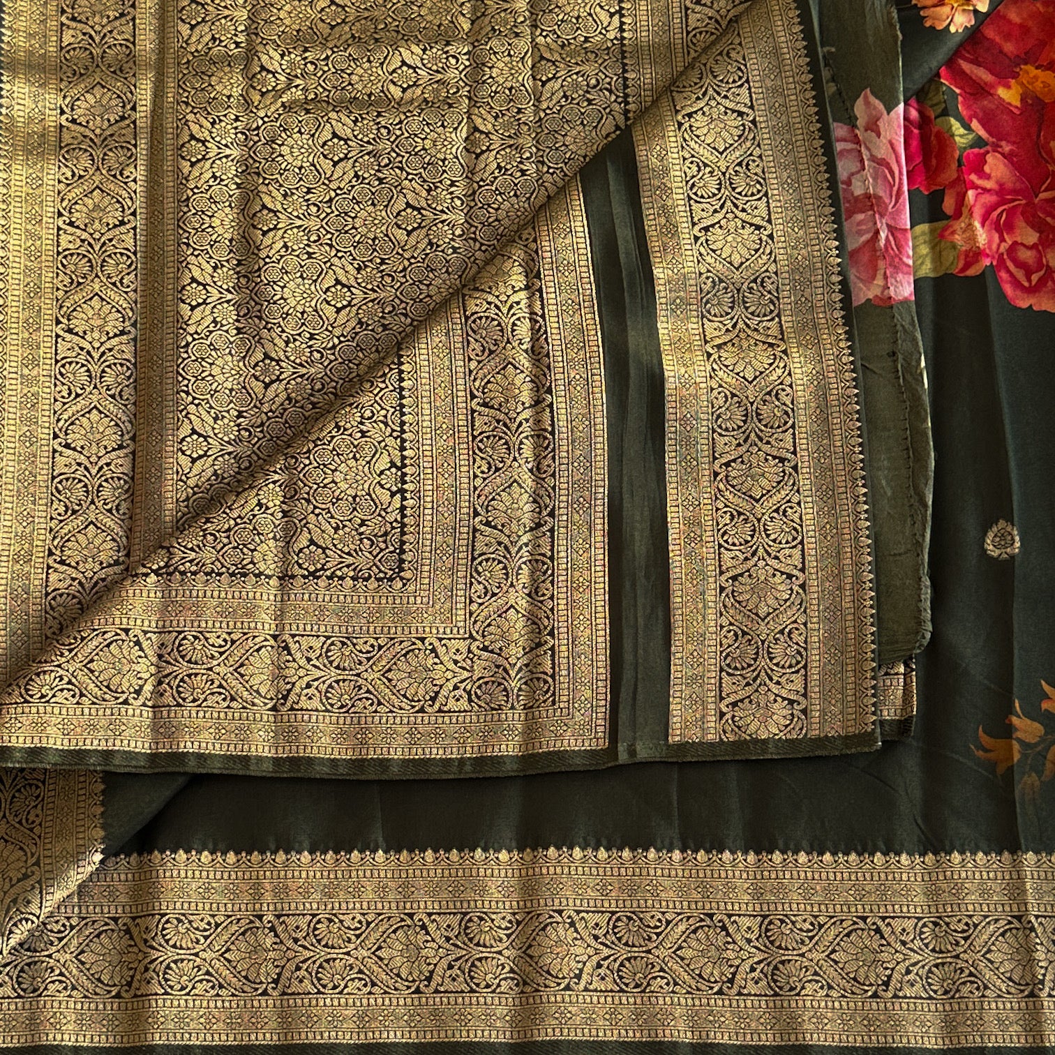 Forest Green Floral Saree with Gold Brocade Pallu and Border