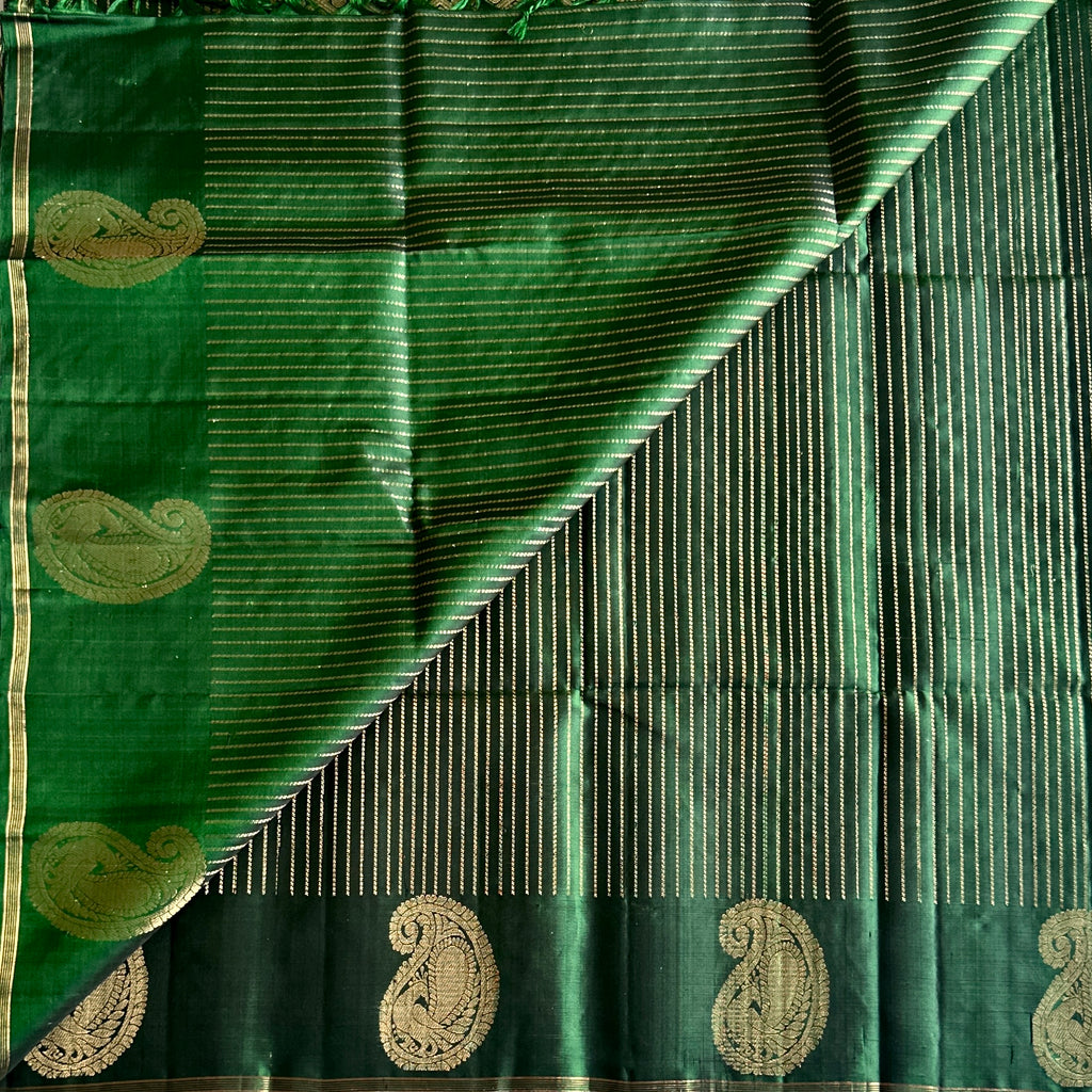 Magical Dual Shaded Emerald Green Designer Pure Silk with Zari Woven Stripes & Rich Pallu