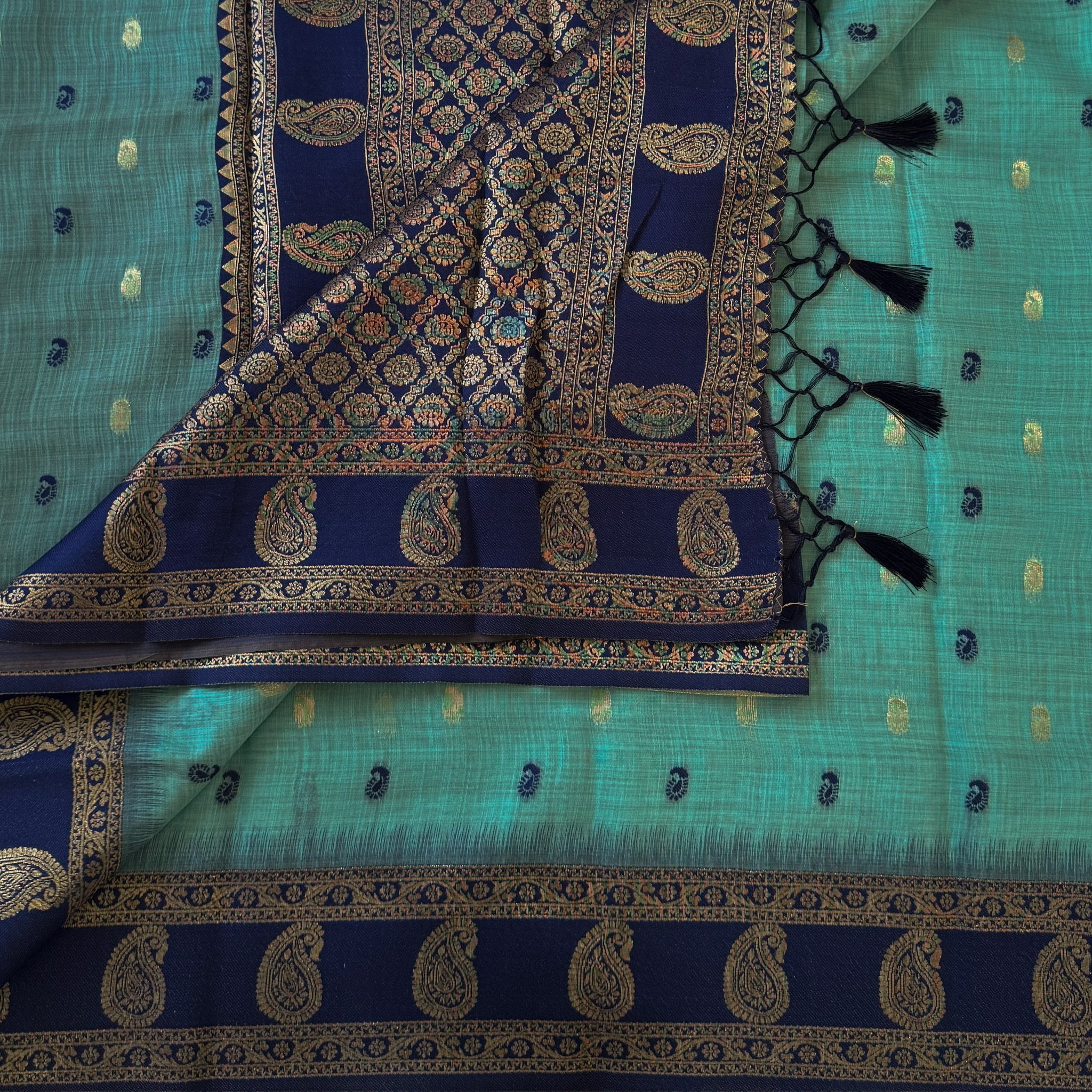 Teal Navy Gold Paisley Zari Saree With Tassels Elegant Traditional