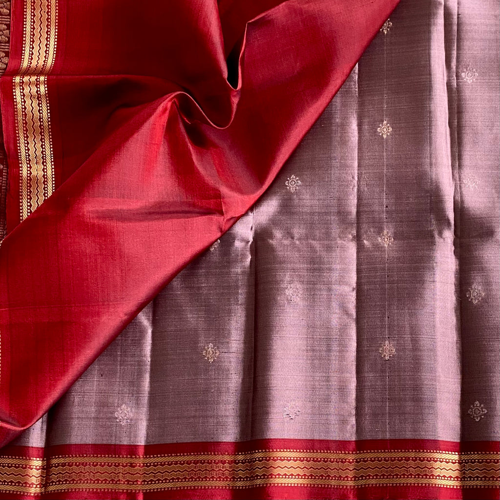 Taupe Designer Pure Silk Saree With Crimson Red Pallu