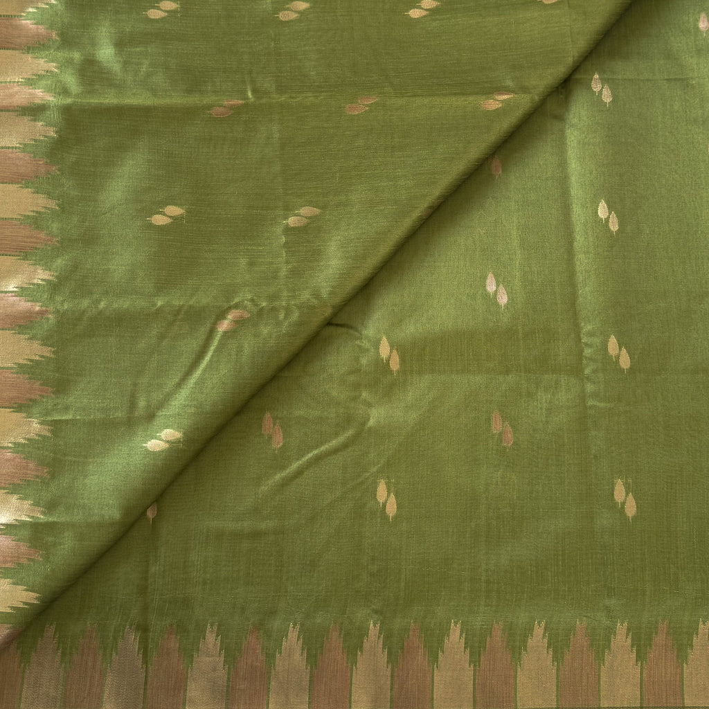 Traditional Emerald Olive Ikat Silk Saree Gold Butta Tassel Border