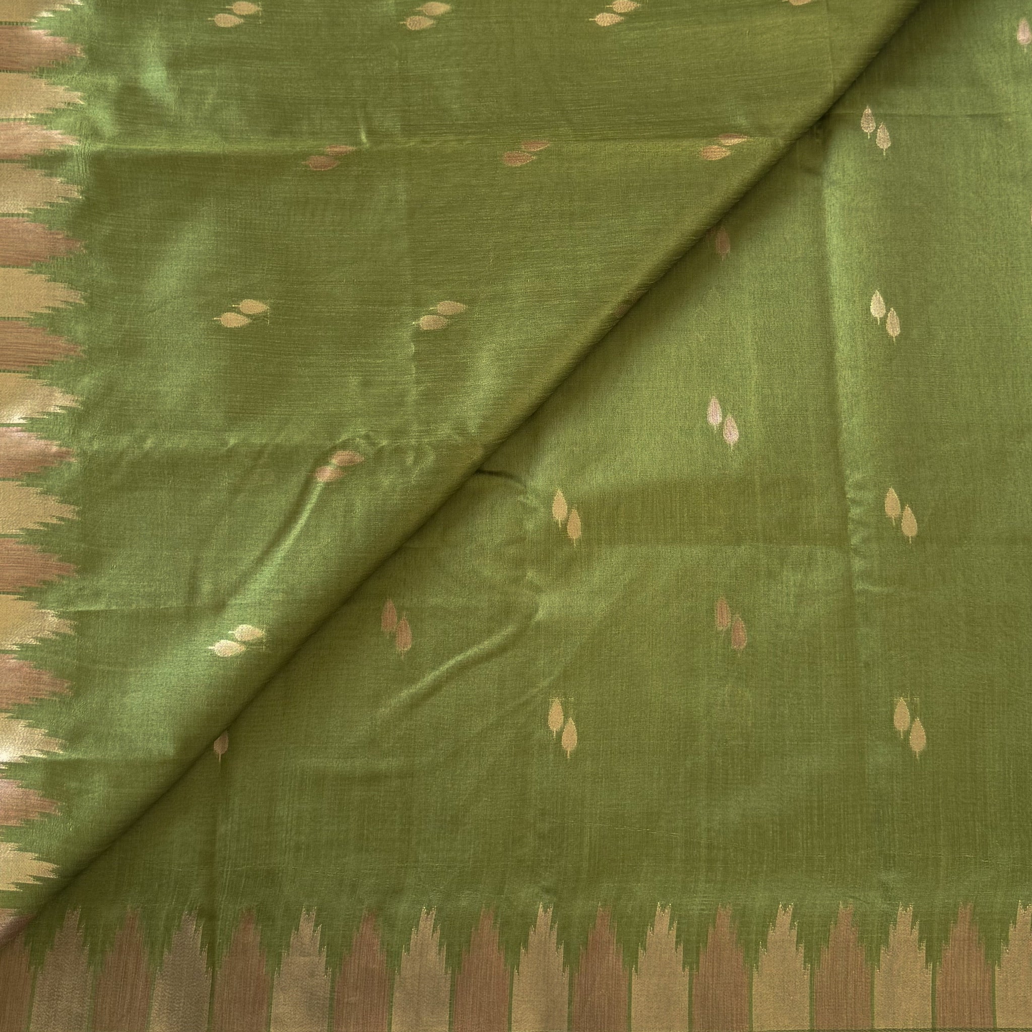Traditional Emerald Olive Ikat Silk Saree Gold Butta Tassel Border