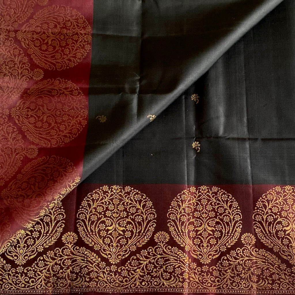 Jet Black Designer Pure Silk Saree With Deep Maroon Pallu