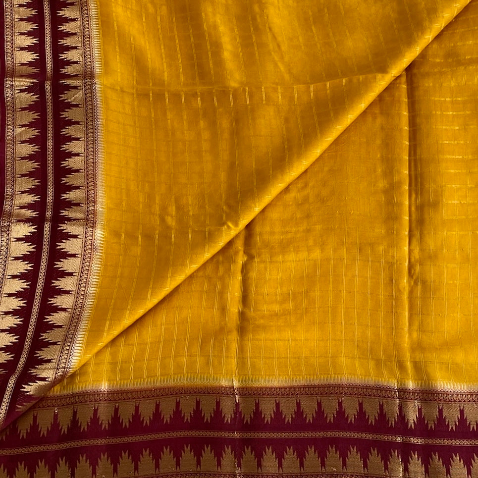 Mustard Yellow Soft Tussar Silk Saree With Deep Maroon Pallu