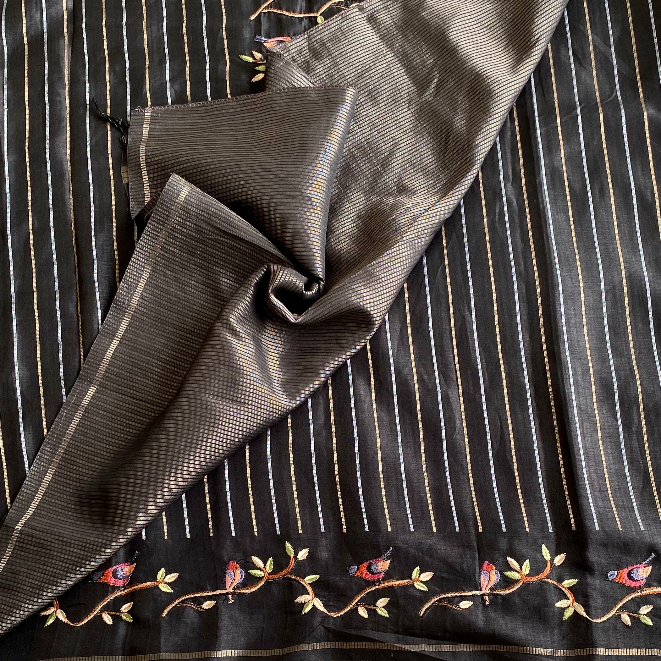Jet Black Soft Tussar With Stripes & Designer Embroidered Borders