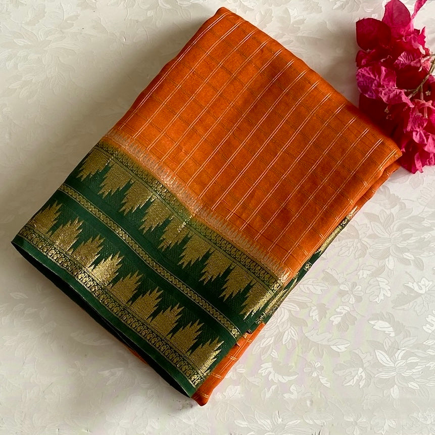Tangerine Orange Soft Tussar Silk Saree With Bottle Green Pallu