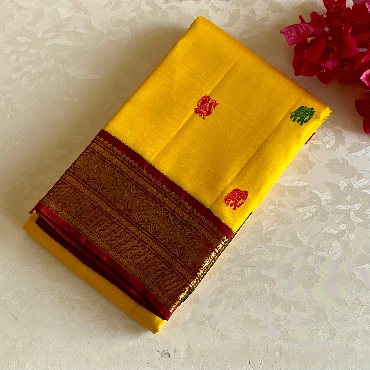 Ganga Jamuna Concept Kanjeevaram Pure Zari Silk Mango Gold Saree With Deep Maroon Stunner
