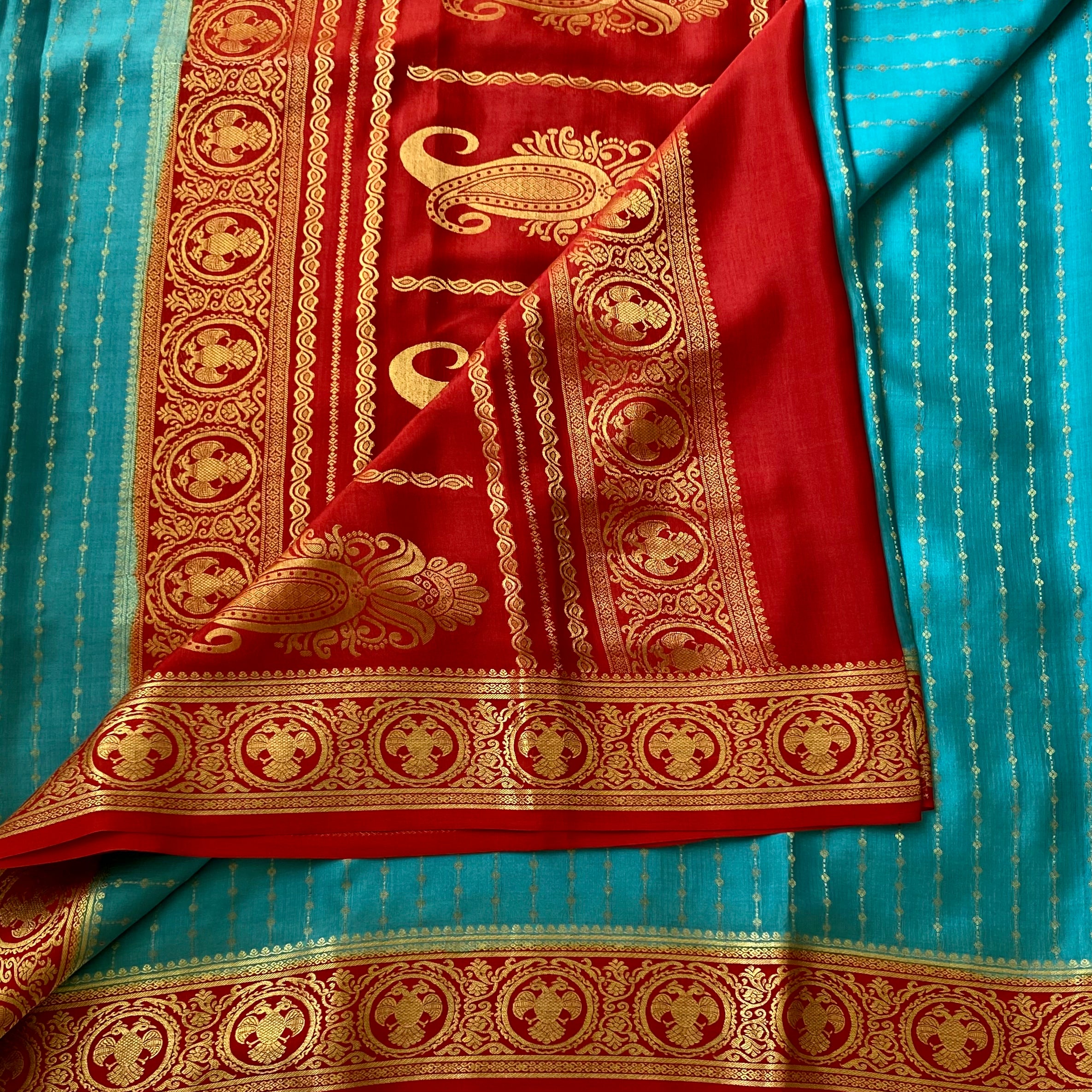 Teal Silk Saree Gold Zari Red Border Festive Traditional Wear