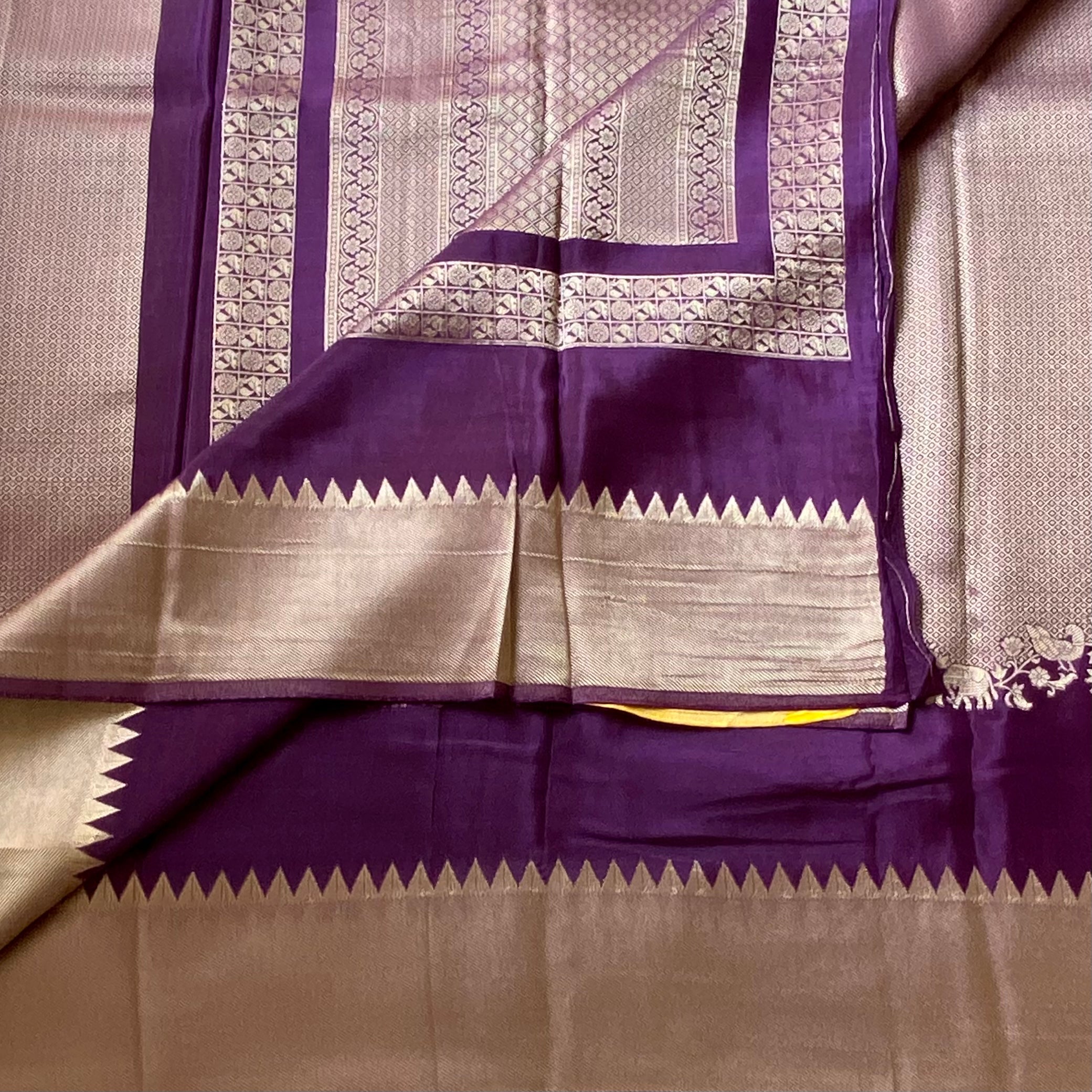 Designer Brocade soft crepe with antique gold n deep plum.