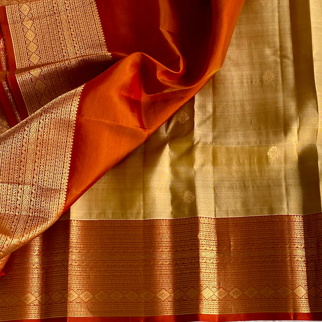 Deep Beige-Gold Designer Pure Silk Saree With Crimson Red Pallu