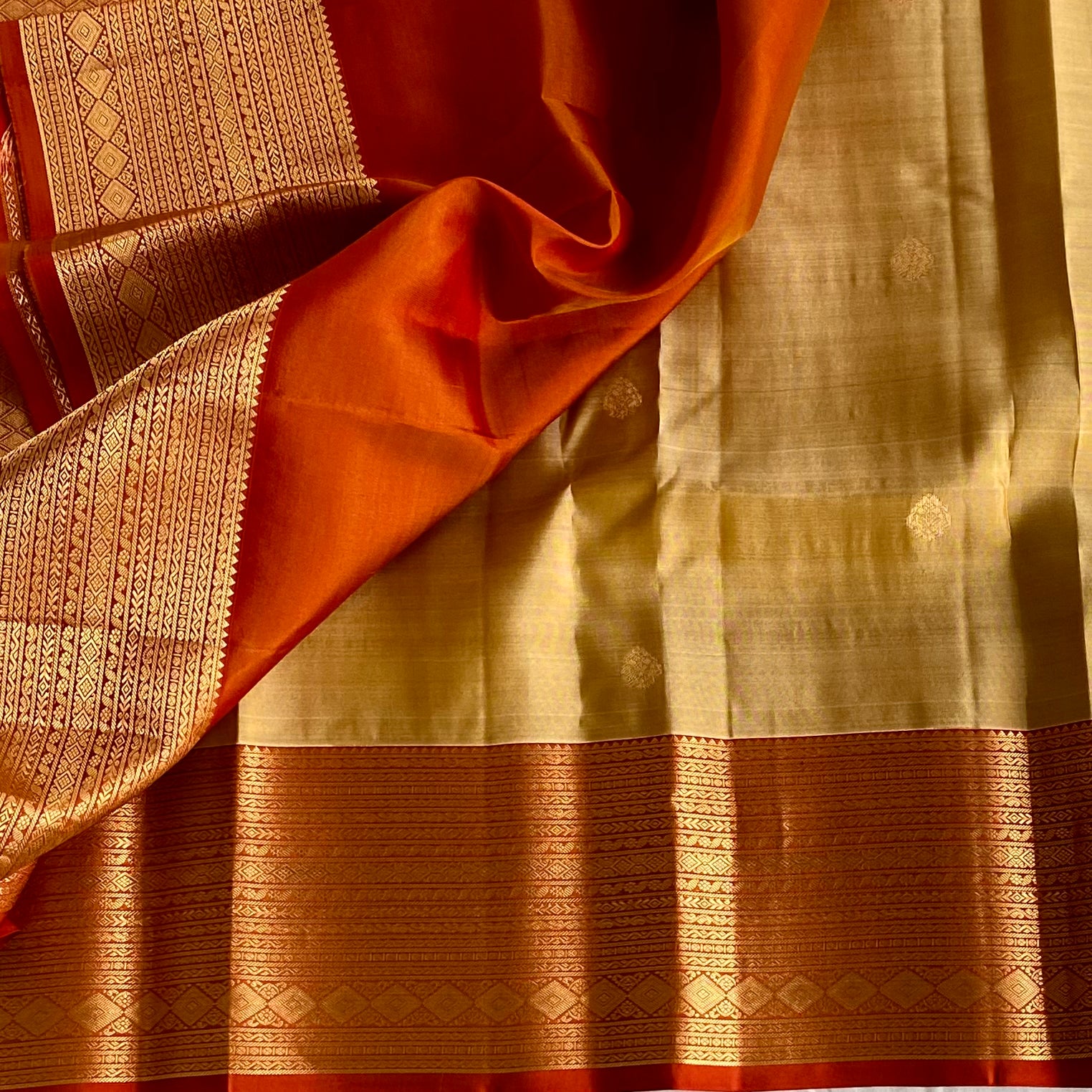 Deep Beige-Gold Designer Pure Silk Saree With Crimson Red Pallu