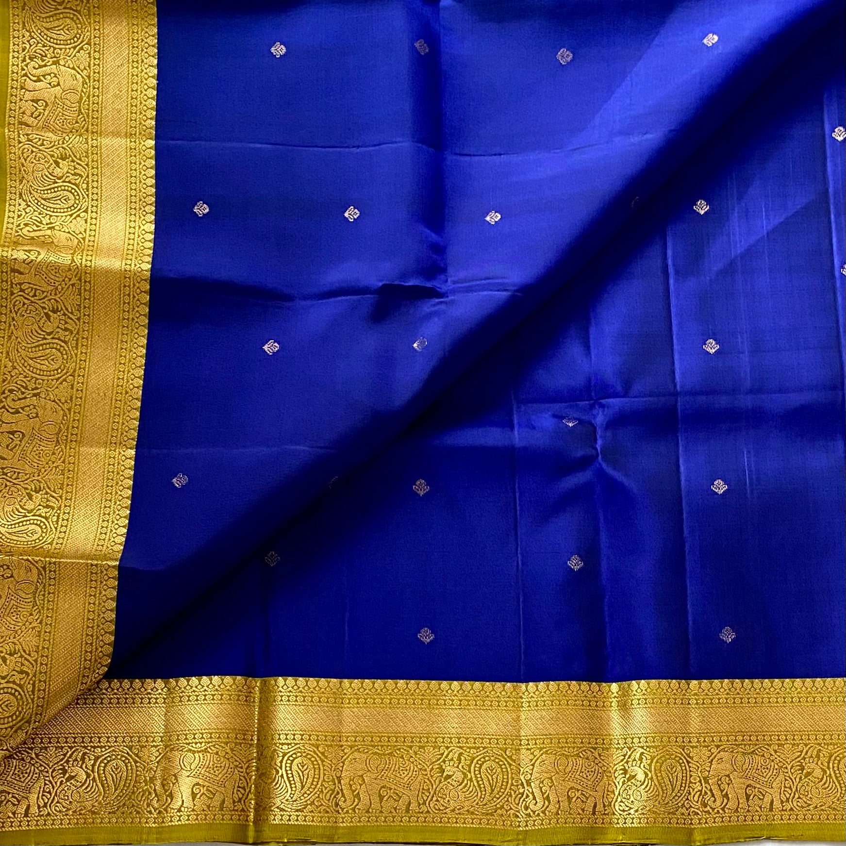 Royal Blue Designer Pure Silk Saree Lime Green Zari Border Contrast Pallu