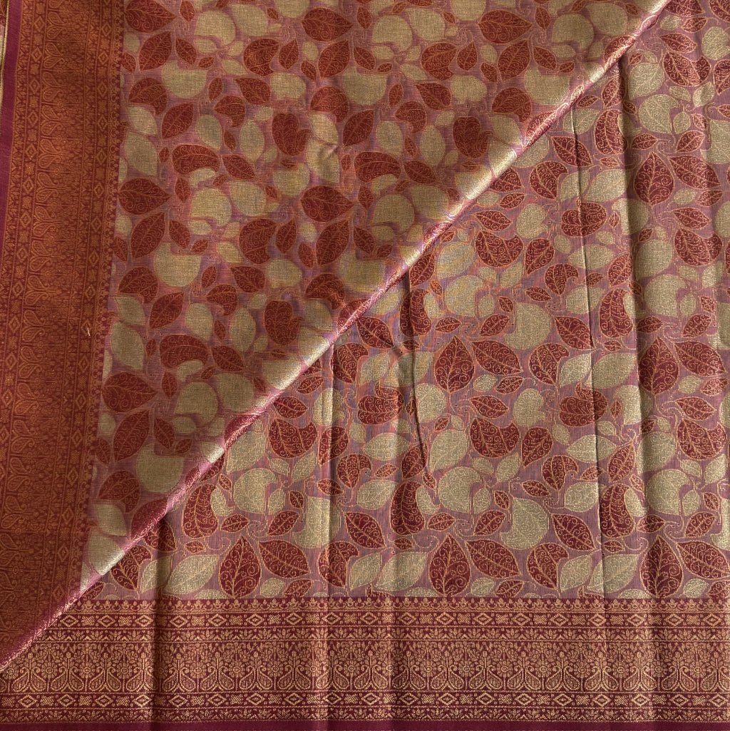 Magenta Brocade Leaf Motif Saree With Antique Gold Zari