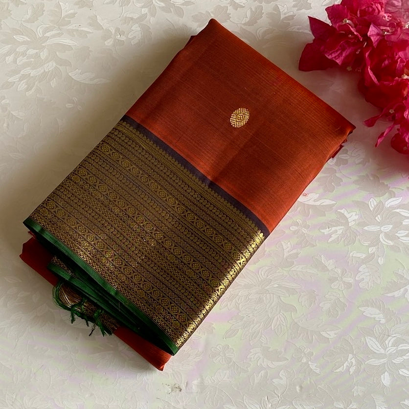 Burnt Orange With Classic Coffee  Brown Kanjeevaram Pure Zari Silk